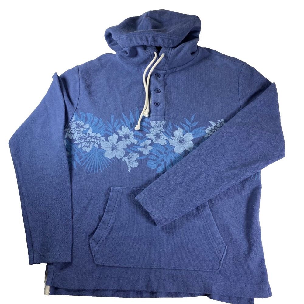 American Eagle Outfitters Mens Blue Tropical Floral Henley Hoodie Pullover M